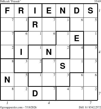 The grouppuzzles.com Difficult Friends puzzle for Saturday July 18, 2026, suitable for printing, with all 8 steps marked