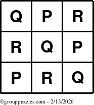 The grouppuzzles.com Answer grid for the TicTac-PQR puzzle for Friday February 13, 2026