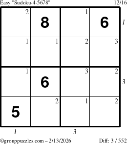The grouppuzzles.com Easy Sudoku-4-5678 puzzle for Friday February 13, 2026, suitable for printing, with all 3 steps marked