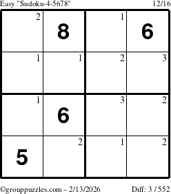 The grouppuzzles.com Easy Sudoku-4-5678 puzzle for Friday February 13, 2026 with the first 3 steps marked