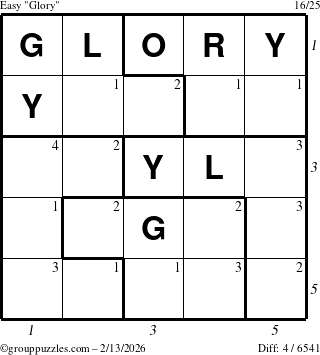 The grouppuzzles.com Easy Glory puzzle for Friday February 13, 2026 with all 4 steps marked