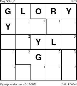 The grouppuzzles.com Easy Glory puzzle for Friday February 13, 2026 with the first 3 steps marked