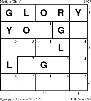 The grouppuzzles.com Medium Glory puzzle for Friday February 13, 2026 with all 5 steps marked