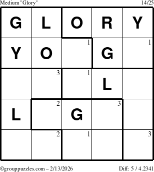 The grouppuzzles.com Medium Glory puzzle for Friday February 13, 2026 with the first 3 steps marked