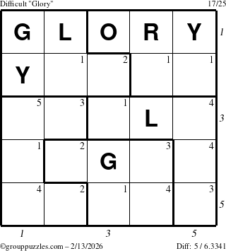 The grouppuzzles.com Difficult Glory puzzle for Friday February 13, 2026, suitable for printing, with all 5 steps marked