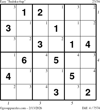 The grouppuzzles.com Easy Sudoku-6up puzzle for Friday February 13, 2026 with all 4 steps marked