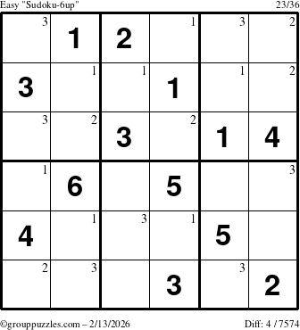 The grouppuzzles.com Easy Sudoku-6up puzzle for Friday February 13, 2026 with the first 3 steps marked