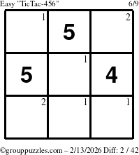 The grouppuzzles.com Easy TicTac-456 puzzle for Friday February 13, 2026 with the first 2 steps marked
