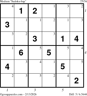 The grouppuzzles.com Medium Sudoku-6up puzzle for Friday February 13, 2026, suitable for printing, with all 5 steps marked