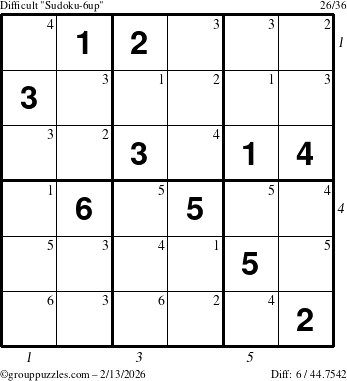 The grouppuzzles.com Difficult Sudoku-6up puzzle for Friday February 13, 2026, suitable for printing, with all 6 steps marked
