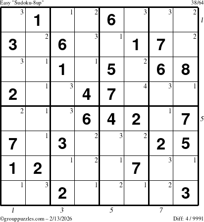 The grouppuzzles.com Easy Sudoku-8up puzzle for Friday February 13, 2026, suitable for printing, with all 4 steps marked