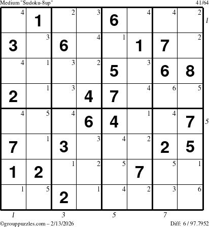 The grouppuzzles.com Medium Sudoku-8up puzzle for Friday February 13, 2026, suitable for printing, with all 6 steps marked
