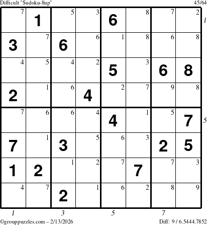 The grouppuzzles.com Difficult Sudoku-8up puzzle for Friday February 13, 2026, suitable for printing, with all 9 steps marked
