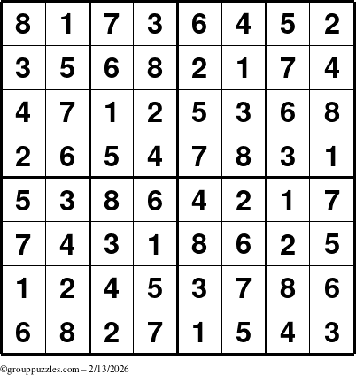 The grouppuzzles.com Answer grid for the Sudoku-8up puzzle for Friday February 13, 2026