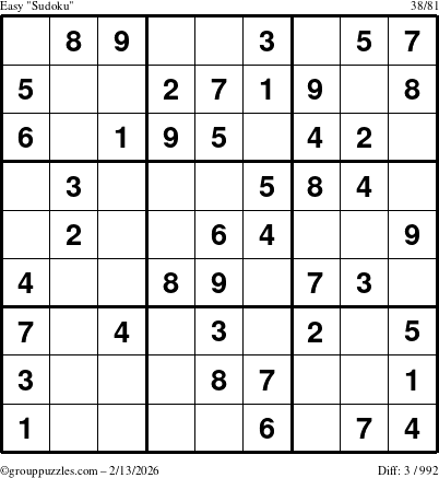 The grouppuzzles.com Easy Sudoku puzzle for Friday February 13, 2026