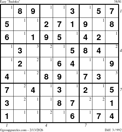 The grouppuzzles.com Easy Sudoku puzzle for Friday February 13, 2026, suitable for printing, with all 3 steps marked