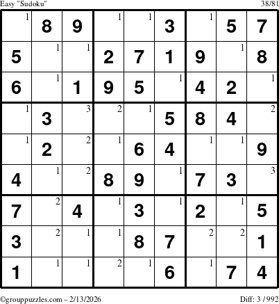 The grouppuzzles.com Easy Sudoku puzzle for Friday February 13, 2026 with the first 3 steps marked