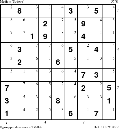 The grouppuzzles.com Medium Sudoku puzzle for Friday February 13, 2026, suitable for printing, with all 8 steps marked
