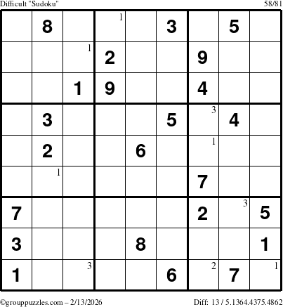 The grouppuzzles.com Difficult Sudoku puzzle for Friday February 13, 2026 with the first 3 steps marked
