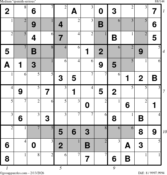 The grouppuzzles.com Medium tpsmith-serious puzzle for Friday February 13, 2026 with all 8 steps marked