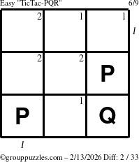 The grouppuzzles.com Easy TicTac-PQR puzzle for Friday February 13, 2026, suitable for printing, with all 2 steps marked