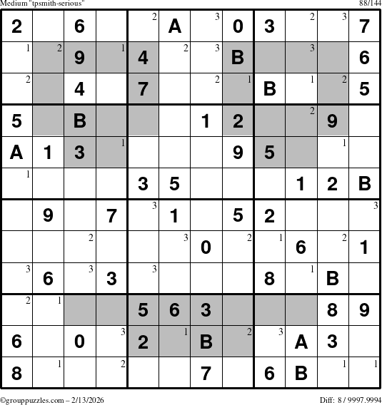 The grouppuzzles.com Medium tpsmith-serious puzzle for Friday February 13, 2026 with the first 3 steps marked