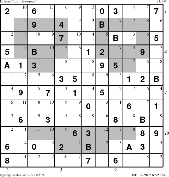 The grouppuzzles.com Difficult tpsmith-serious puzzle for Friday February 13, 2026, suitable for printing, with all 12 steps marked