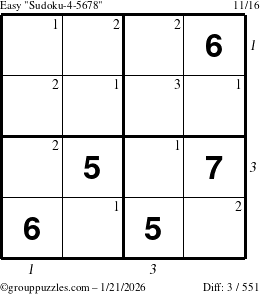 The grouppuzzles.com Easy Sudoku-4-5678 puzzle for Wednesday January 21, 2026, suitable for printing, with all 3 steps marked