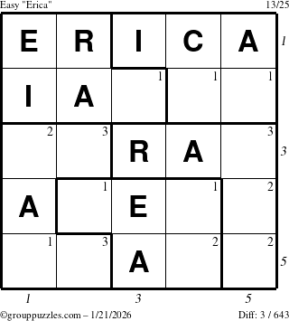 The grouppuzzles.com Easy Erica puzzle for Wednesday January 21, 2026, suitable for printing, with all 3 steps marked