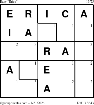 The grouppuzzles.com Easy Erica puzzle for Wednesday January 21, 2026 with the first 3 steps marked
