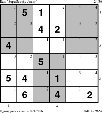 The grouppuzzles.com Easy SuperSudoku-Junior puzzle for Wednesday January 21, 2026 with all 4 steps marked
