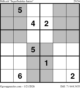 The grouppuzzles.com Difficult SuperSudoku-Junior puzzle for Wednesday January 21, 2026
