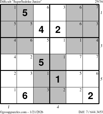 The grouppuzzles.com Difficult SuperSudoku-Junior puzzle for Wednesday January 21, 2026 with all 7 steps marked