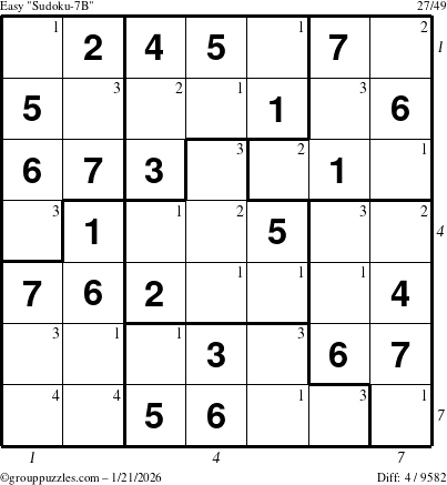 The grouppuzzles.com Easy Sudoku-7B puzzle for Wednesday January 21, 2026, suitable for printing, with all 4 steps marked