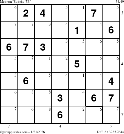 The grouppuzzles.com Medium Sudoku-7B puzzle for Wednesday January 21, 2026, suitable for printing, with all 8 steps marked