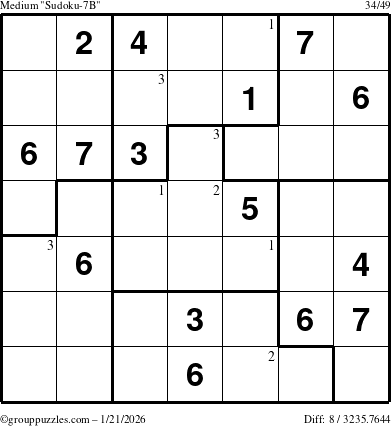 The grouppuzzles.com Medium Sudoku-7B puzzle for Wednesday January 21, 2026 with the first 3 steps marked
