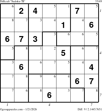 The grouppuzzles.com Difficult Sudoku-7B puzzle for Wednesday January 21, 2026, suitable for printing, with all 9 steps marked