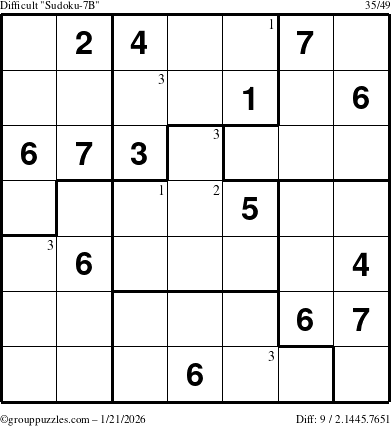 The grouppuzzles.com Difficult Sudoku-7B puzzle for Wednesday January 21, 2026 with the first 3 steps marked