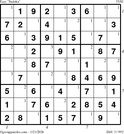 The grouppuzzles.com Easy Sudoku puzzle for Wednesday January 21, 2026 with all 3 steps marked