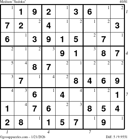 The grouppuzzles.com Medium Sudoku puzzle for Wednesday January 21, 2026 with all 5 steps marked