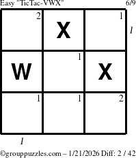 The grouppuzzles.com Easy TicTac-VWX puzzle for Wednesday January 21, 2026 with all 2 steps marked