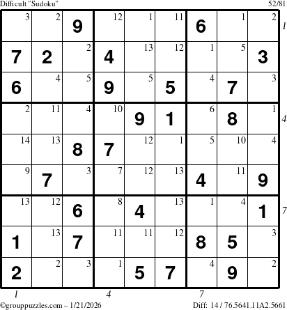 The grouppuzzles.com Difficult Sudoku puzzle for Wednesday January 21, 2026, suitable for printing, with all 14 steps marked