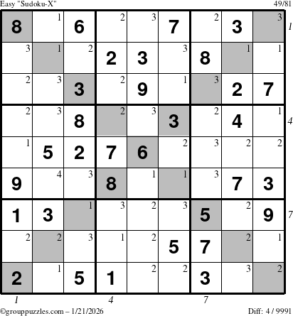 The grouppuzzles.com Easy Sudoku-X puzzle for Wednesday January 21, 2026 with all 4 steps marked