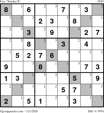The grouppuzzles.com Easy Sudoku-X puzzle for Wednesday January 21, 2026 with the first 3 steps marked