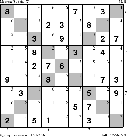 The grouppuzzles.com Medium Sudoku-X puzzle for Wednesday January 21, 2026, suitable for printing, with all 7 steps marked