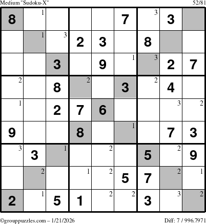 The grouppuzzles.com Medium Sudoku-X puzzle for Wednesday January 21, 2026 with the first 3 steps marked