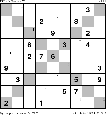 The grouppuzzles.com Difficult Sudoku-X puzzle for Wednesday January 21, 2026 with the first 3 steps marked