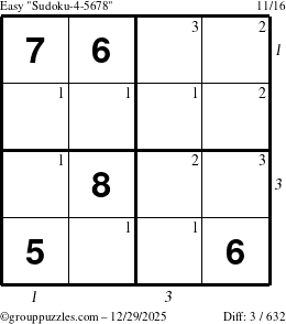 The grouppuzzles.com Easy Sudoku-4-5678 puzzle for Monday December 29, 2025, suitable for printing, with all 3 steps marked