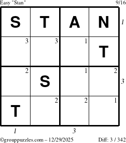 The grouppuzzles.com Easy Stan puzzle for Monday December 29, 2025 with all 3 steps marked