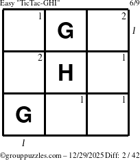 The grouppuzzles.com Easy TicTac-GHI puzzle for Monday December 29, 2025 with all 2 steps marked